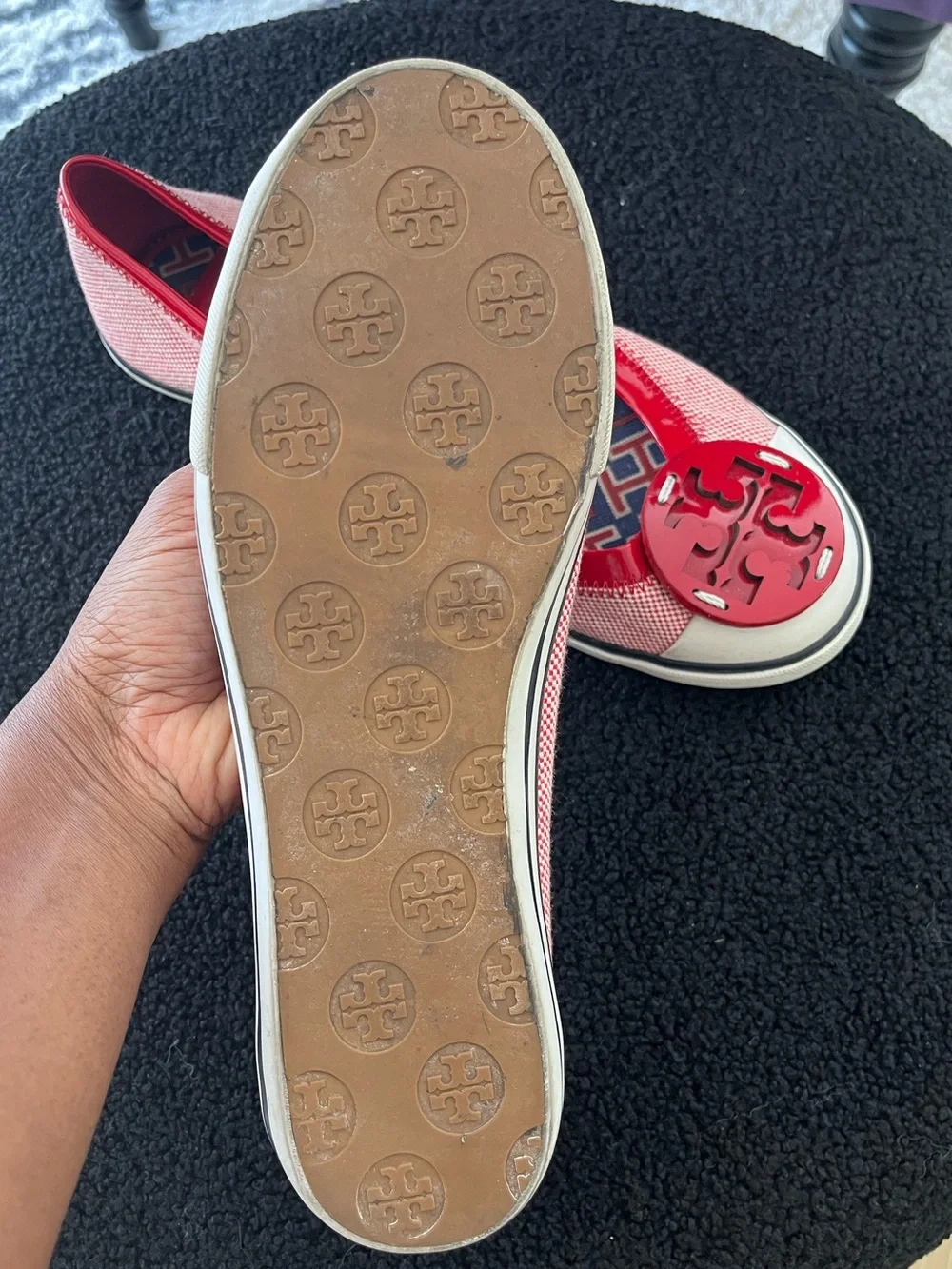 Tory Burch Red Patent-Trim Pink Canvas Logo Ballet Flats
